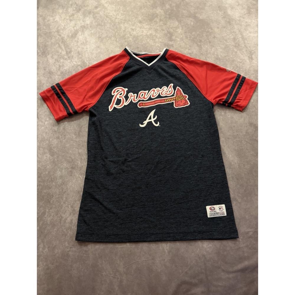True Fan Atlanta Braves MLB Baseball V-Neck Raglan Shirt Navy/Red S